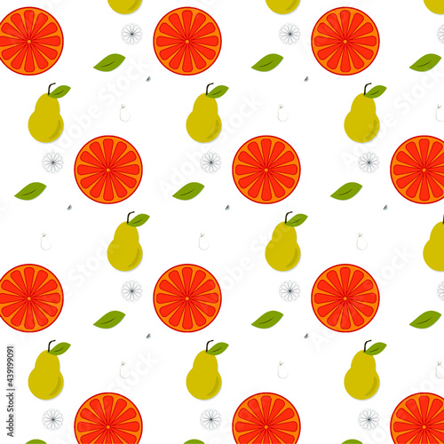 Fototapeta Naklejka Na Ścianę i Meble -  Fruit pattern. Vector. Pear and grapefruit. Gift paper. Textiles for women's dresses. Linens. The shutters in the bathroom. Seamless pattern with fruits . Baner for a kiosk with fruit juice.