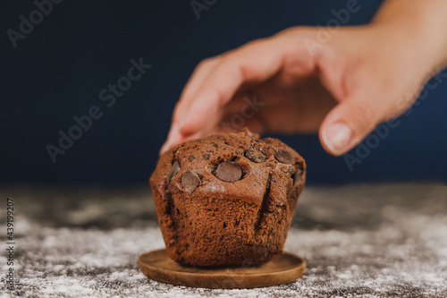 pastry chef presenting homemade vanilla and chocolate chips muffins  on a black background with sugar