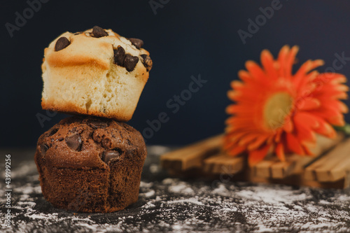 Homemade chocolate chips and vanilla muffin on a black background with sugar