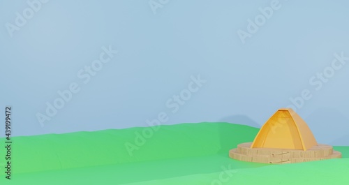 3d background rendering  tent in the middle of meadow with wooden podium for presentation products  camping and scouting theme  for web page  image background