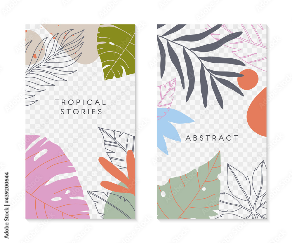 Fototapeta premium Set of editable insta story templates with tropical palm leaves.Summer vector layouts with copy space for text.Bright vibrant banners.Trendy designs for social media marketing,digital post,prints.