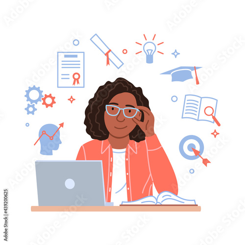 Skills development concept. Flat black woman works on laptop on motivation learning education progress background. Successful African girl portrait. Idea goal symbols Growth career vector illustration