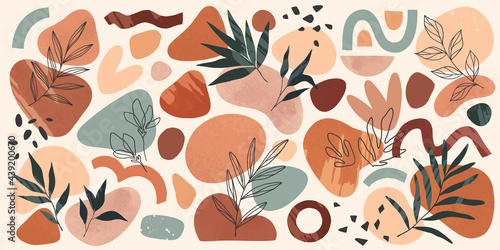 Bundle of vector boho various organic shapes,doodles and foliage line art.Terracotta watercolor decoration set.Trendy contemporary designs for prints,flyers,banners,fabriс,branding,covers and more.