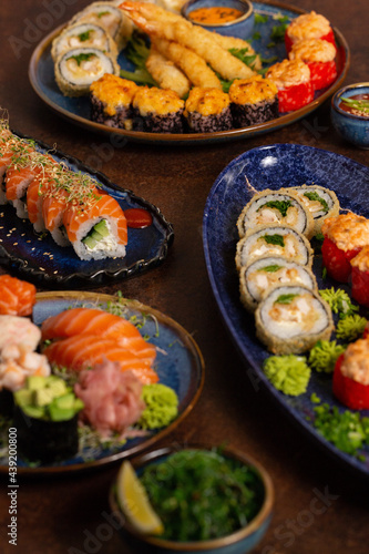 Big Sushi, Sashimi, Rolls Set on Table. Asian Cuisine. Healthy Food.