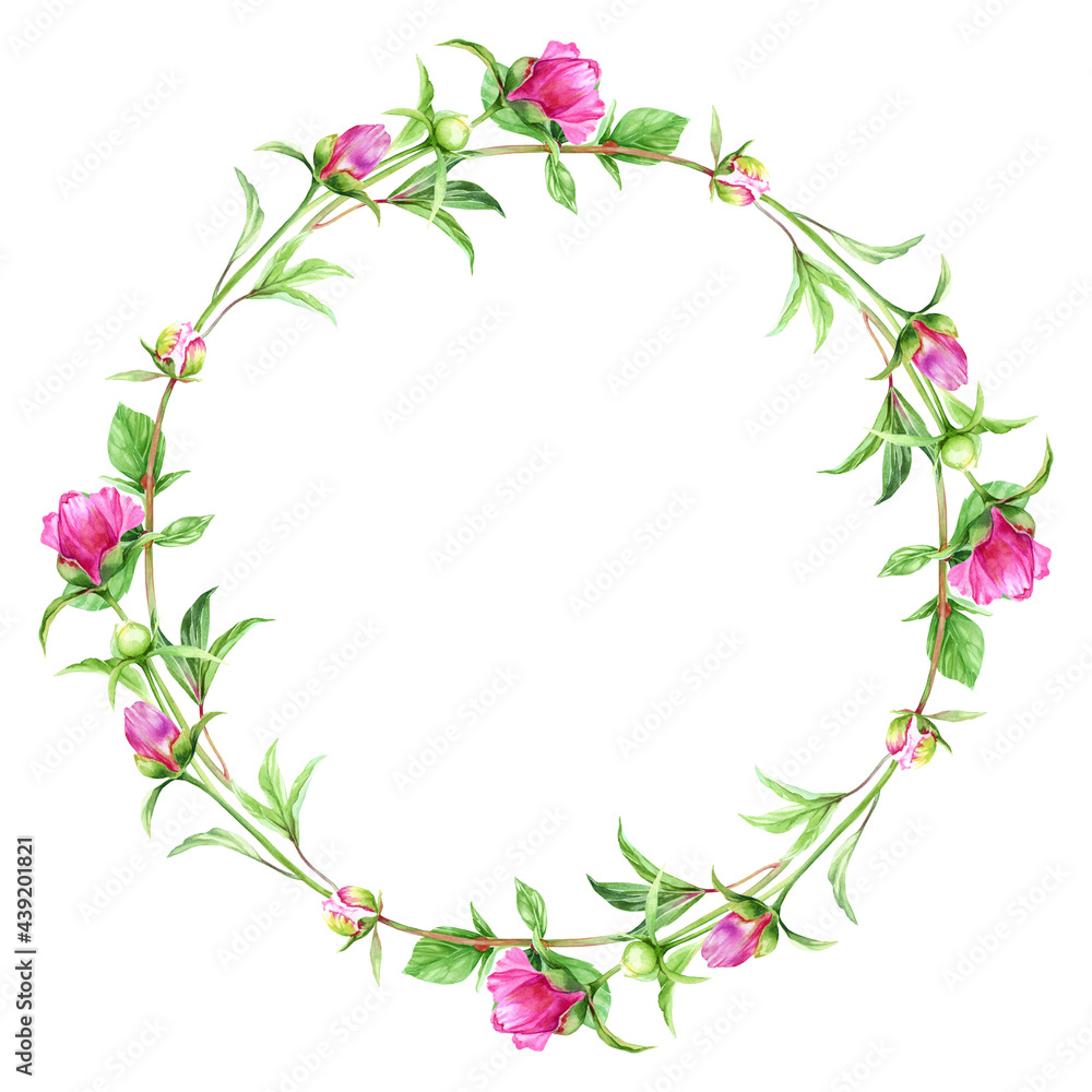 Watercolor round frame from pink peonies, leaves, buds and twigs. Wreath of bright summer flowers for invitation, menu, greeting cards