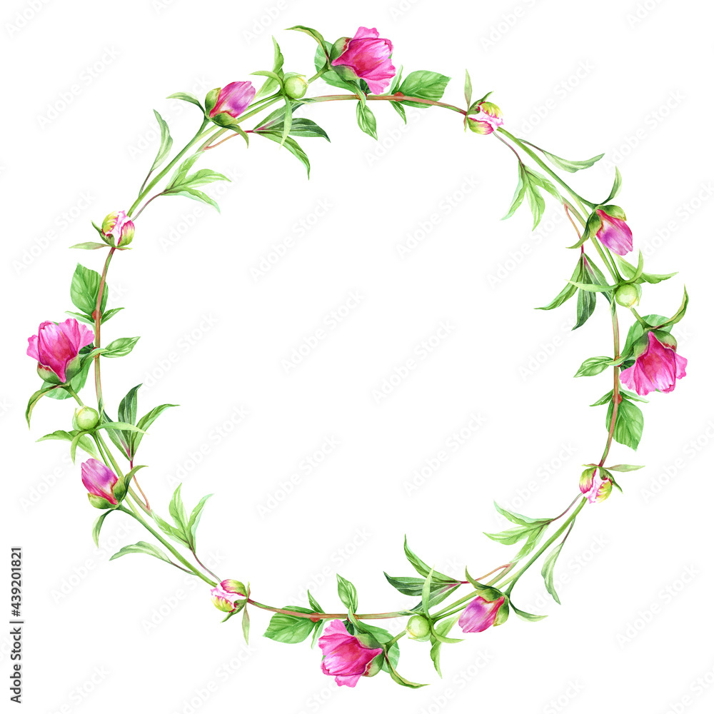 Watercolor round frame from pink peonies, leaves, buds and twigs. Wreath of bright summer flowers for invitation, menu, greeting cards Watercolor round frame from pink peonies, leaves, buds and twigs. Wreath of bright summer flowers for invitation, menu, greeting cards
