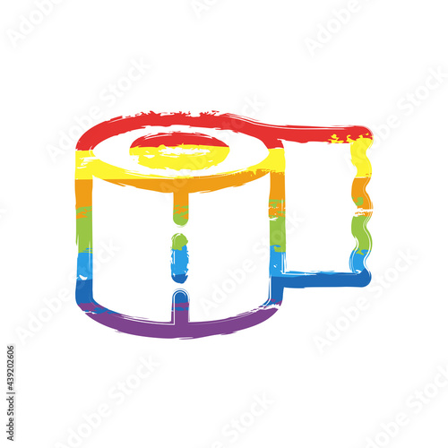 Roll of toilet paper, simple icon. Drawing sign with LGBT style, seven colors of rainbow (red, orange, yellow, green, blue, indigo, violet