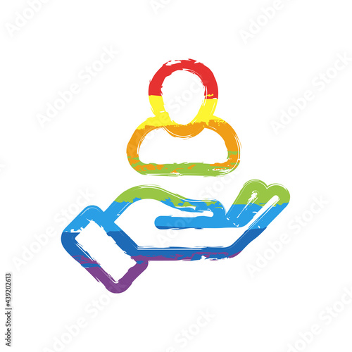 Customer retention, patient assistance, focus on service, business icon. Drawing sign with LGBT style, seven colors of rainbow (red, orange, yellow, green, blue, indigo, violet