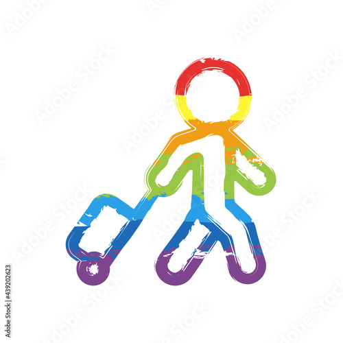 Walking passenger with suitcase, traveler and luggage. Drawing sign with LGBT style, seven colors of rainbow (red, orange, yellow, green, blue, indigo, violet