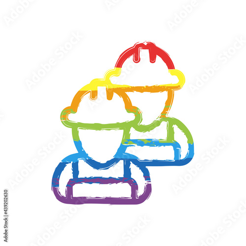 Construction worker, contractor or engineer. Drawing sign with LGBT style, seven colors of rainbow (red, orange, yellow, green, blue, indigo, violet