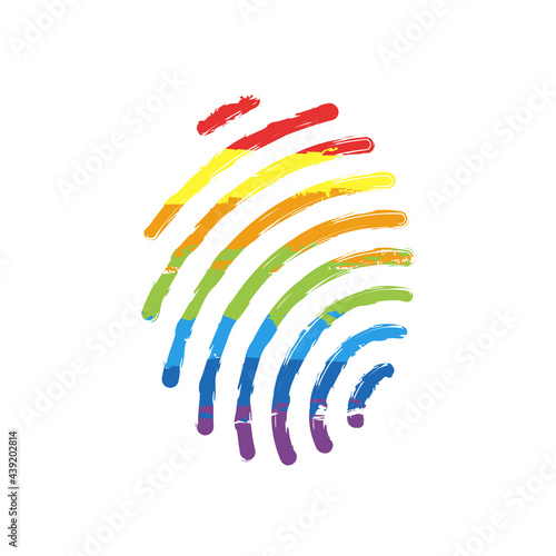 Fingerprint, unique identity of person, digital or biometric security. Drawing sign with LGBT style, seven colors of rainbow (red, orange, yellow, green, blue, indigo, violet