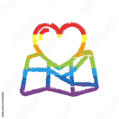 Paper map and heart, favorite addresses, loved places. Drawing sign with LGBT style, seven colors of rainbow (red, orange, yellow, green, blue, indigo, violet