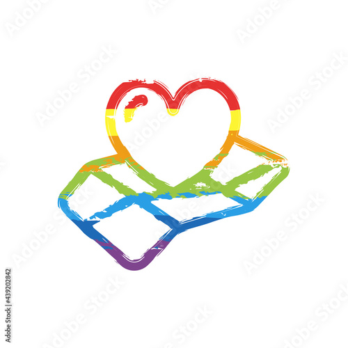 Paper map and heart, favorite addresses, loved places. Drawing sign with LGBT style, seven colors of rainbow (red, orange, yellow, green, blue, indigo, violet