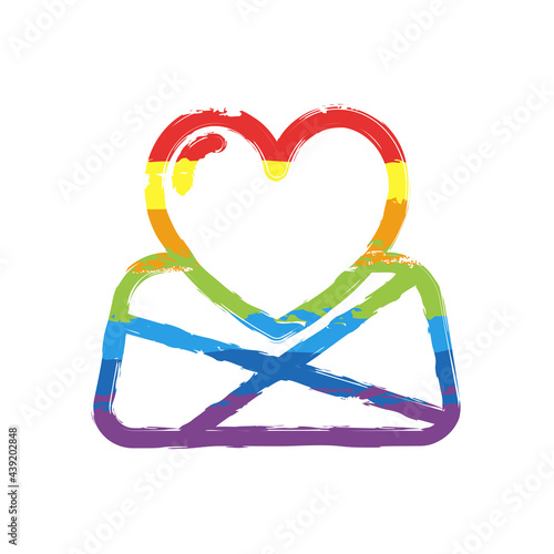 Paper map and heart, favorite addresses, loved places. Drawing sign with LGBT style, seven colors of rainbow (red, orange, yellow, green, blue, indigo, violet