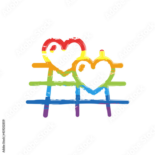Map and heart, favorite addresses, loved places. Drawing sign with LGBT style, seven colors of rainbow (red, orange, yellow, green, blue, indigo, violet