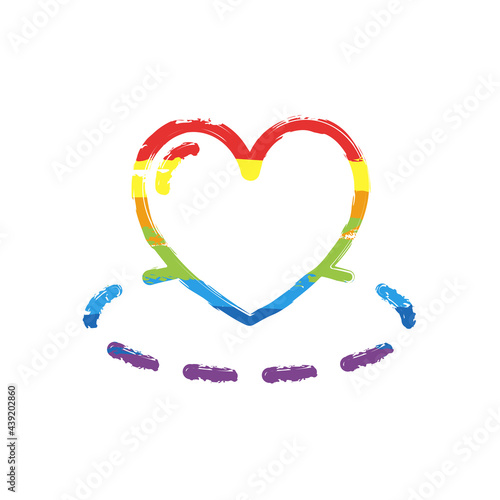 Map and heart, favorite addresses, loved places. Drawing sign with LGBT style, seven colors of rainbow (red, orange, yellow, green, blue, indigo, violet