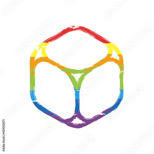 A cube of sugar or ice, simple icon. Drawing sign with LGBT style, seven colors of rainbow (red, orange, yellow, green, blue, indigo, violet