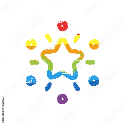 Excellence, shiny star, 5 rate. Drawing sign with LGBT style, seven colors of rainbow (red, orange, yellow, green, blue, indigo, violet