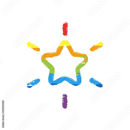 Excellence, shiny star, 5 rate. Drawing sign with LGBT style, seven colors of rainbow (red, orange, yellow, green, blue, indigo, violet