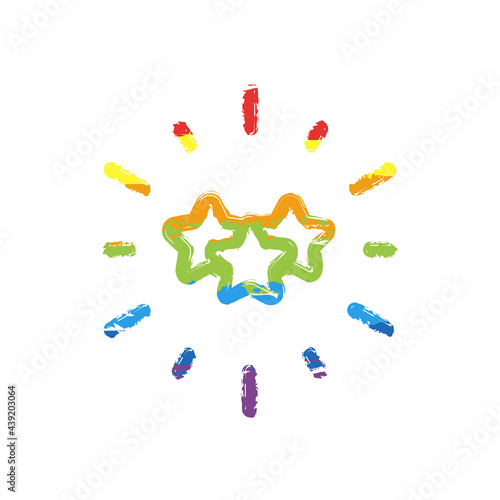 Excellence, shiny star, 5 rate. Drawing sign with LGBT style, seven colors of rainbow (red, orange, yellow, green, blue, indigo, violet