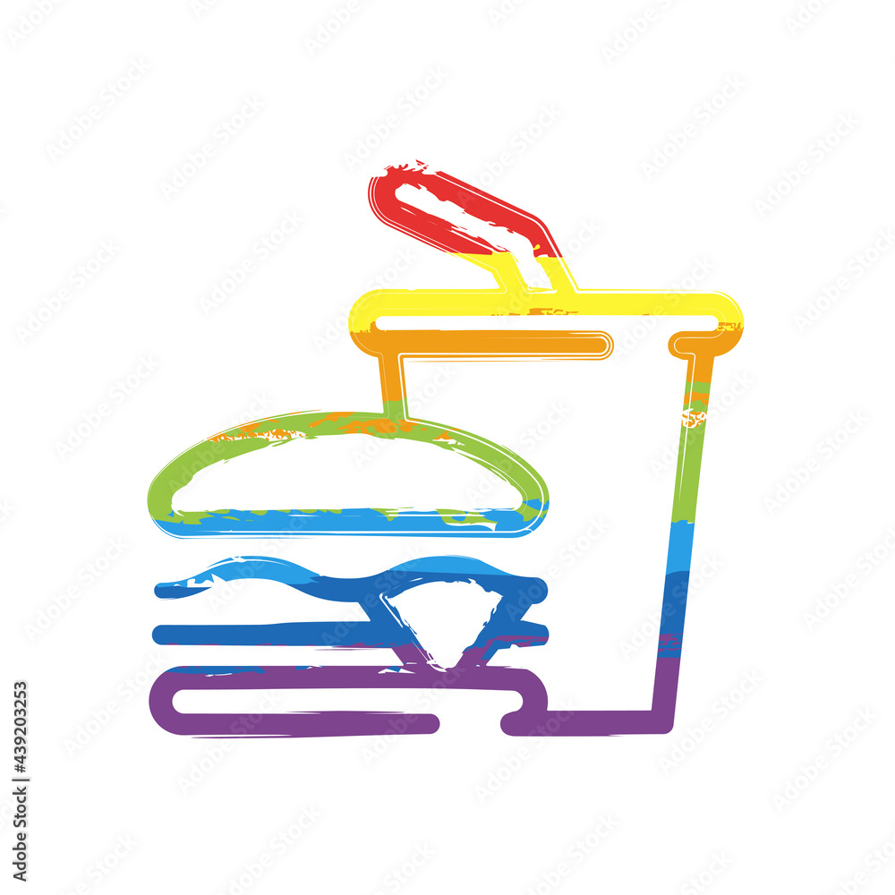 Fast food, hamburger menu with drink, simple icon. Drawing sign with LGBT style, seven colors of rainbow (red, orange, yellow, green, blue, indigo, violet Fast food, hamburger menu with drink, simple icon. Drawing sign with LGBT style, seven colors of rainbow (red, orange, yellow, green, blue, indigo, violet