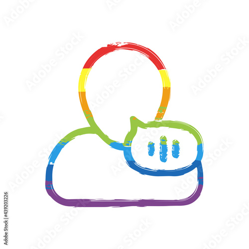 Voice command, speaking person, simple icon. Drawing sign with LGBT style, seven colors of rainbow (red, orange, yellow, green, blue, indigo, violet