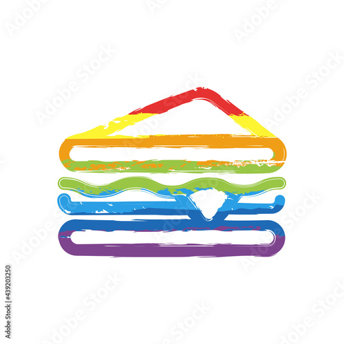 Sandwich or hamburger, fast food, simple icon. Drawing sign with LGBT style, seven colors of rainbow (red, orange, yellow, green, blue, indigo, violet
