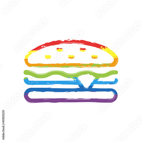 Sandwich or hamburger, fast food, simple icon. Drawing sign with LGBT style, seven colors of rainbow (red, orange, yellow, green, blue, indigo, violet