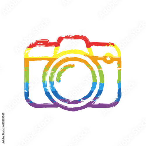 Photo camera, simple digital icon. Drawing sign with LGBT style, seven colors of rainbow (red, orange, yellow, green, blue, indigo, violet