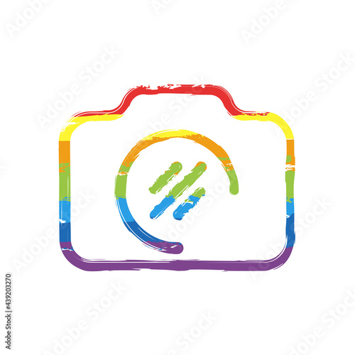 Photo camera, simple digital icon. Drawing sign with LGBT style, seven colors of rainbow (red, orange, yellow, green, blue, indigo, violet