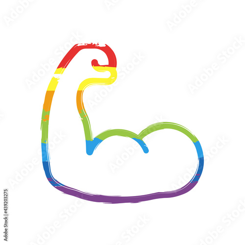 Strong muscle, hand with powerful bicep, simple icon. Drawing sign with LGBT style, seven colors of rainbow (red, orange, yellow, green, blue, indigo, violet