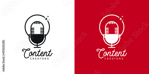 Podcast content creators logo concept. Mic vector illustrations.