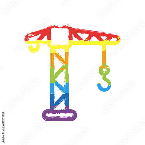 Construction crane, building machine, simple icon. Drawing sign with LGBT style, seven colors of rainbow (red, orange, yellow, green, blue, indigo, violet