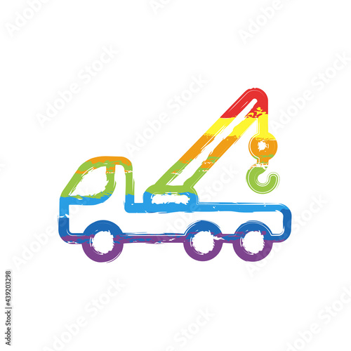 Truck, service for drivers, simple icon. Drawing sign with LGBT style, seven colors of rainbow (red, orange, yellow, green, blue, indigo, violet