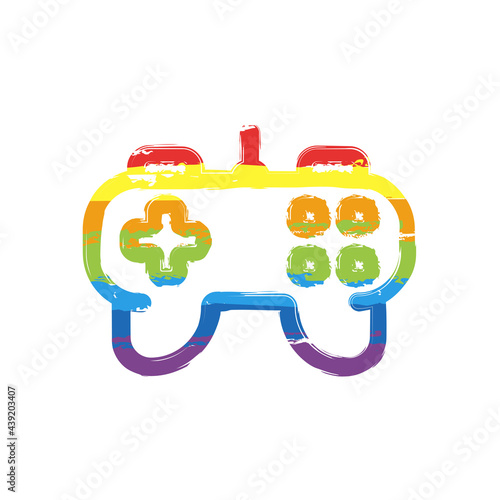 Joystick of video console, game controller, simple icon. Drawing sign with LGBT style, seven colors of rainbow (red, orange, yellow, green, blue, indigo, violet