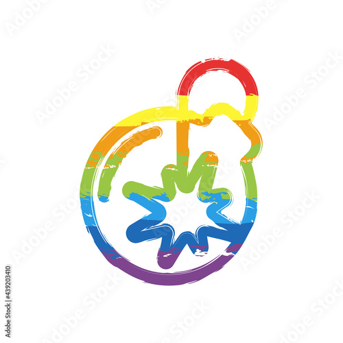 Bomb with fuse, simple icon. Drawing sign with LGBT style, seven colors of rainbow (red, orange, yellow, green, blue, indigo, violet