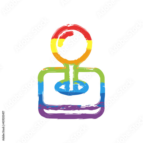 Retro joystick of old video games, simple icon. Drawing sign with LGBT style, seven colors of rainbow (red, orange, yellow, green, blue, indigo, violet