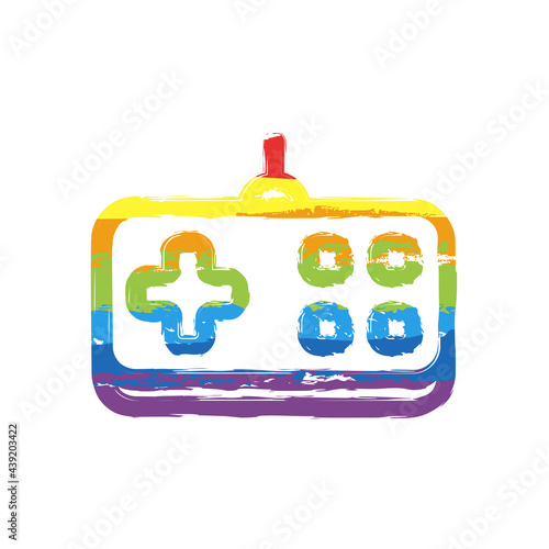 Joystick of video console, game controller, simple icon. Drawing sign with LGBT style, seven colors of rainbow (red, orange, yellow, green, blue, indigo, violet