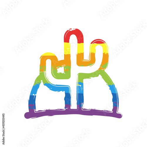 Desert landscape, sand and cactus, simple icon. Drawing sign with LGBT style, seven colors of rainbow (red, orange, yellow, green, blue, indigo, violet
