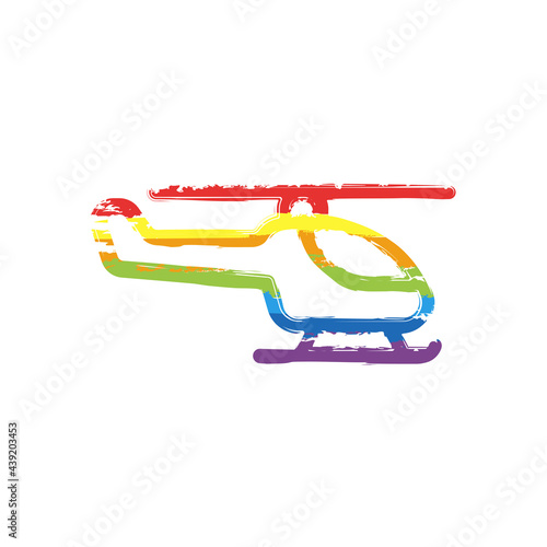 Helicopter, army transport, simple icon. Drawing sign with LGBT style, seven colors of rainbow (red, orange, yellow, green, blue, indigo, violet