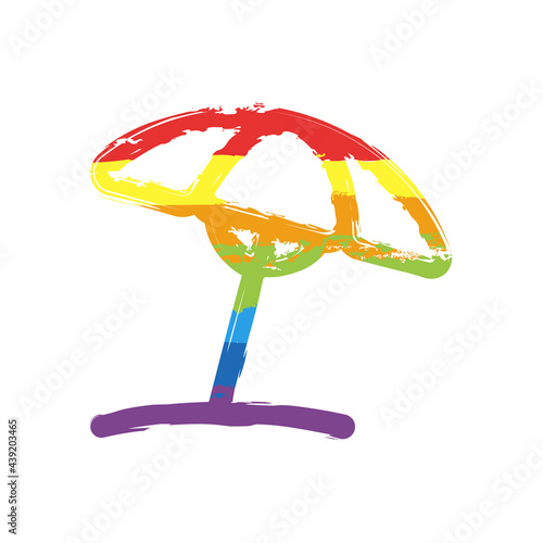 Beach umbrella, summer rest, simple icon. Drawing sign with LGBT style, seven colors of rainbow (red, orange, yellow, green, blue, indigo, violet