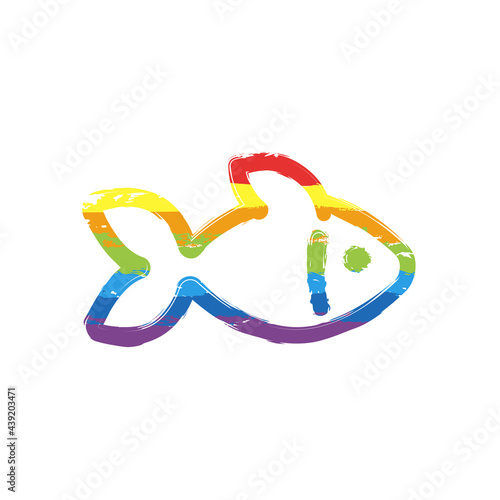 Fish, simple icon. Drawing sign with LGBT style, seven colors of rainbow (red, orange, yellow, green, blue, indigo, violet