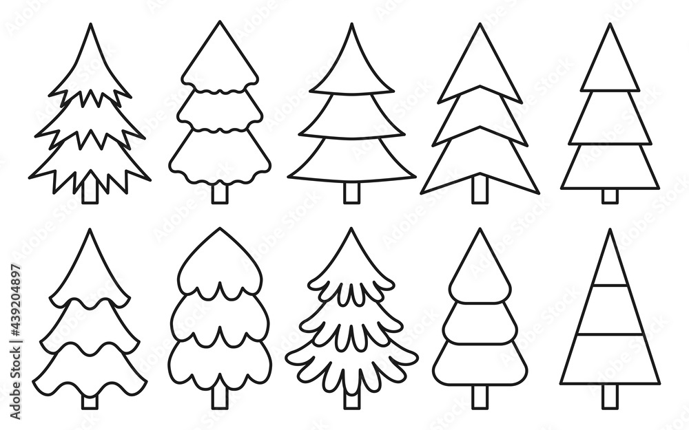 Christmas tree simple black line icons vector set. Christmas tree in different shapes. Minimalistic simple thin line icons set. For greeting card, Christmas and New Year decoration. For app