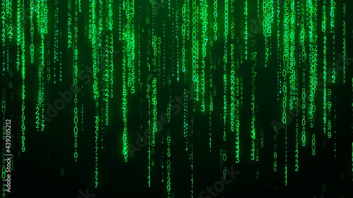 Digital background green matrix. Matrix style program. Stream of Decimal Digits. Computer code.