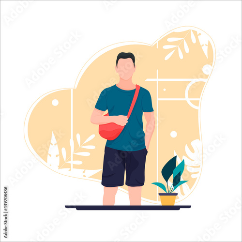 Modern casual guy holding backpack vector flat illustration. Stylish male in contemporary clothes