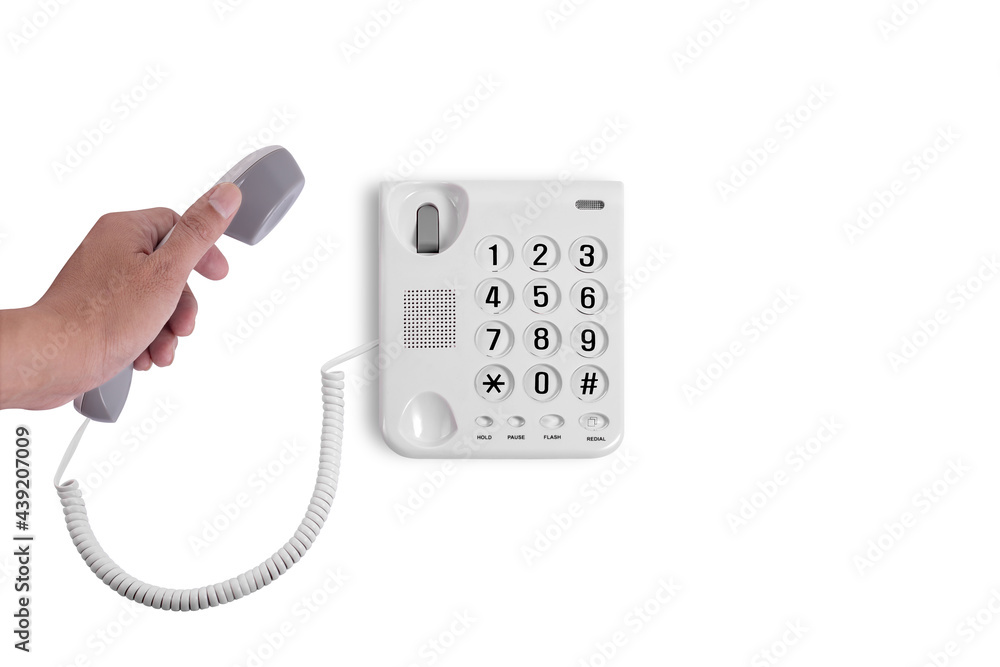 Man Hand holding and dialing a phone number in the office isolated on white background Man Hand holding and dialing a phone number in the office isolated on white background