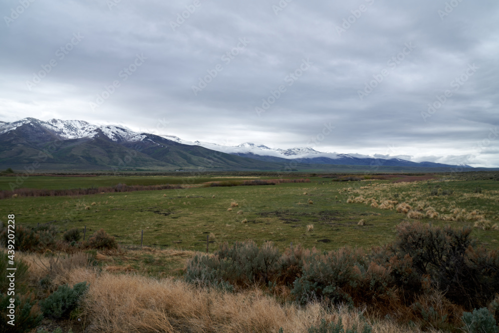 Scenic View of Colorado Snow Capped mountains in the early morning with white clouds and Prairie landscape 