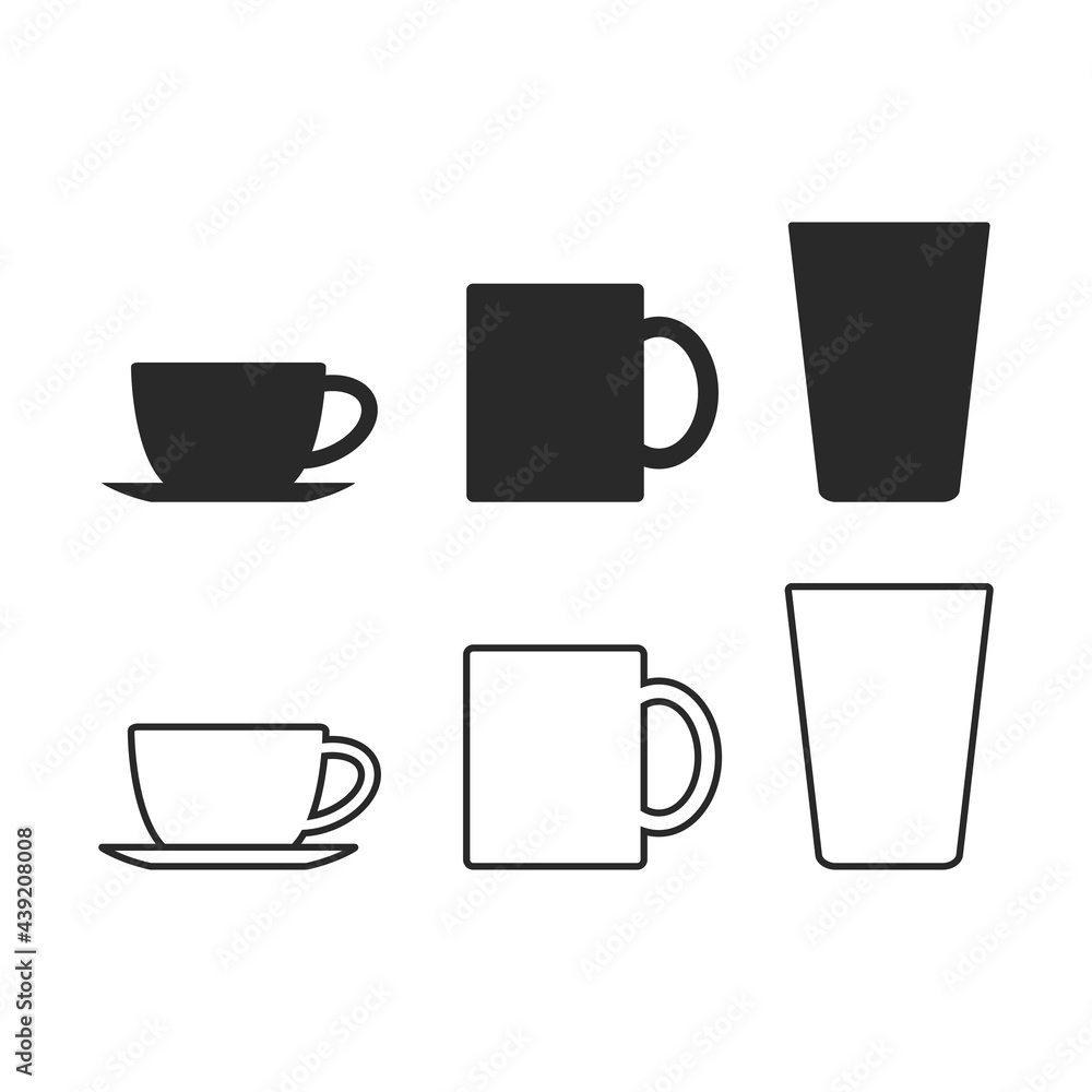 Cup, Mug, Water Glass Icon Vector Set. Outline Vector