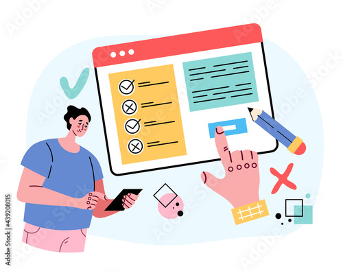 Digital user agreement signing digital document with electronic signature. Private policy abstract concept. Modern style flat cartoon graphic illustration
