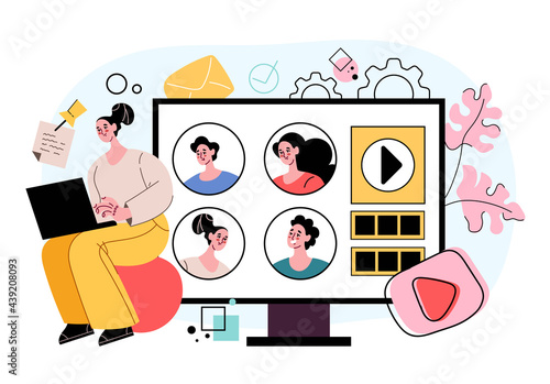 People man woman colleagues friends communicate talking by laptop computer monitor video conference. Digital online internet communication concept. Modern style flat cartoon graphic illustration